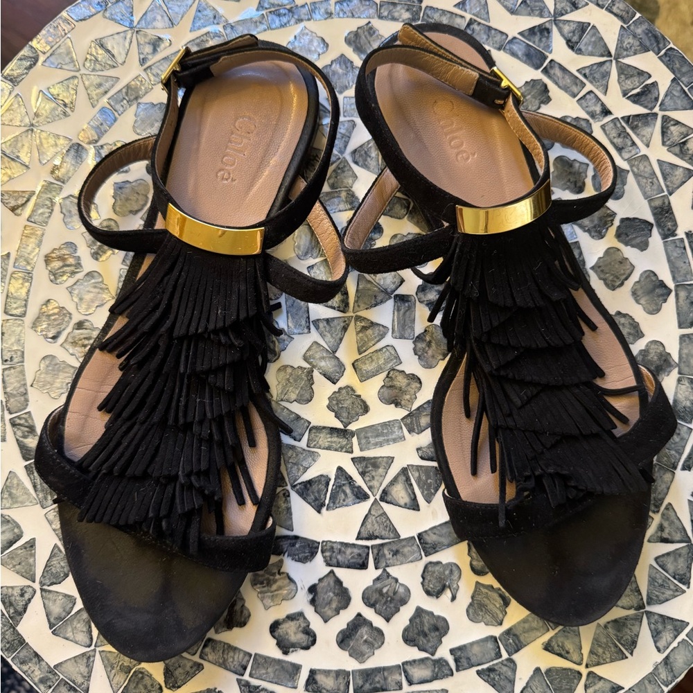 Chloe Black Fringe Sandals with Gold Accents